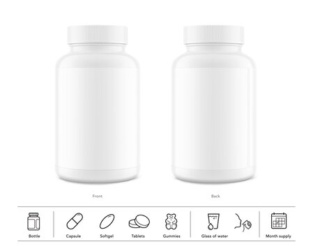 Plastic packer pill bottle mockup with label for treats, vitamins, supplements with set icons. Vector illustration isolated on white background. Ready for your design. EPS10.