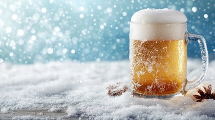 A frosty glass of beer sits atop a snowy surface, surrounded by a glimmering, ethereal backdrop that evokes feelings of winter celebration and warmth.