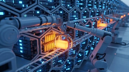 A futuristic data center with robotic arms handling glowing server racks in a blue-lit facility