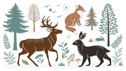 Naklejka premium Whimsical forest scene with deer, fox, and rabbit in harmony