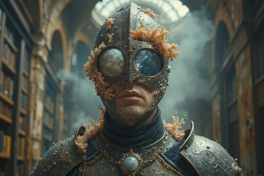 Close Up of Mossy Knight Armor with Celestial Space Reflection in Goggles
