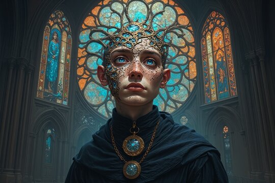 Person with Ornate Golden Geometric Halo in Stained Glass Cathedral

