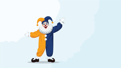 Fototapeta premium Joyful circus clown dressed in a colorful orange and blue costume waving with a big smile against a light blue backdrop.