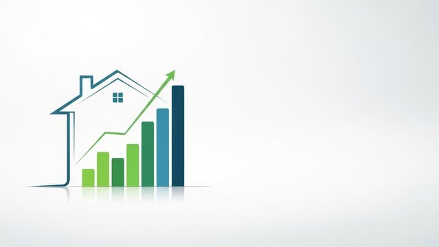 Abstract visual representation of real estate market growth, featuring a house symbol integrated with an ascending financial bar graph, depicting property investment success and increasing home value