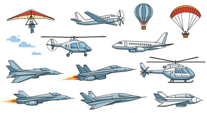 Diverse collection of modern and military aircraft including jets, helicopters, airplanes, and a hang glider.