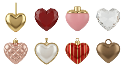 Heart jewelry set including gold, ruby, pink, crystal, pearl, and striped ornaments isolated. Decorative pendants for valentines day and wedding design.