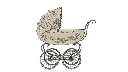 Elegant vintage-style baby carriage or pram featuring beautiful ornate scrollwork designs and large spoked wheels on white.