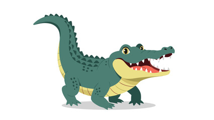 Obraz premium Friendly green crocodile with big yellow eyes and an open mouth showing its teeth walking happily on a plain white background.
