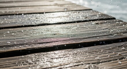 Fototapeta premium Water droplets splash onto weathered wooden planks illuminated by bright sunlight.