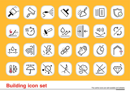 Set icons for finishing, decoration materials. The outline icons are well scalable and editable. Contrasting vector elements are good for different backgrounds. EPS10.	