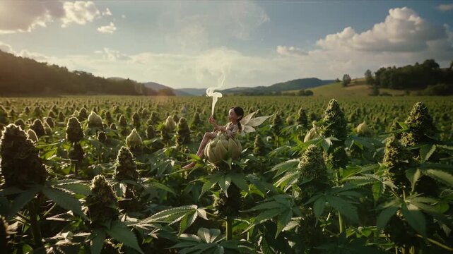 Tiny winged fairy smoking joint while sitting on cannabis plant. Mythical creature relaxing in vast marijuana field under sunny sky