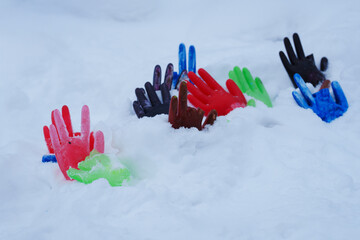 colorful hand prints on white background © talavietis
