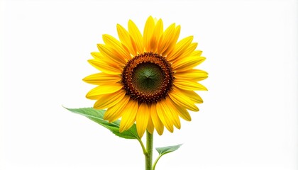 Obraz premium Single sunflower with yellow petals and dark center on white background