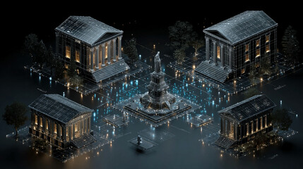 AI governance model scene showing connected logic representing oversight justice system professionalism digital environment controlled lighting