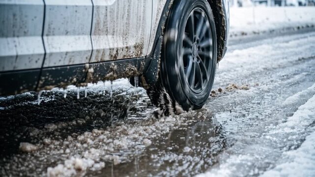 Vehicle tire spinning in slushy puddles on winter road. Close-up panning shot.