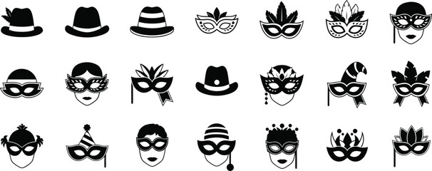 Fototapeta premium Silhouette of various masquerade masks and hats
