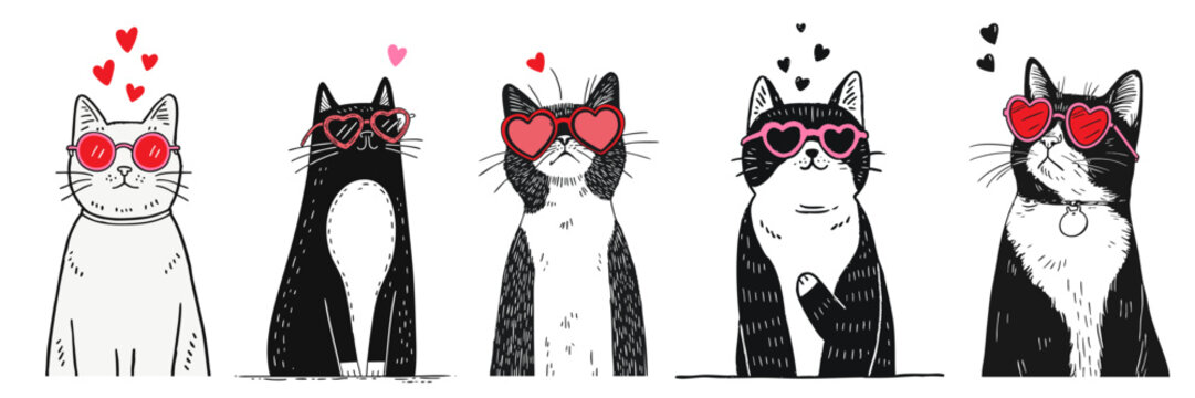 Cute hand drawn cat doodle wearing heart shaped sunglasses for valentine day romantic pet illustration
