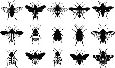 Silhouette of various insects in black and white © MDUNUS