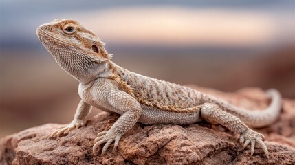 Fototapeta premium A detailed portrait of a bearded dragon lizard resting on a rock