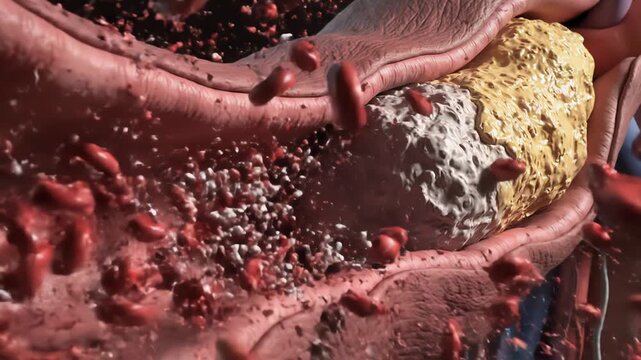 Close-up medical illustration depicting a severely narrowed artery lumen due to a large buildup of yellowish plaque, with red blood cells struggling to pass through the constricted space.