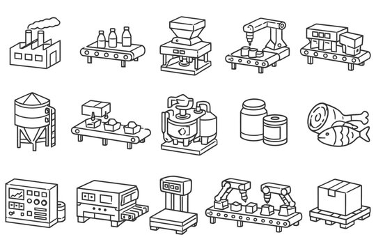 Isometric icons of industrial factory equipment and machinery in manufacturing process.