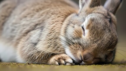 Close-up of a small, fluffy brown rabbit sleeping peacefully on the ground with its eyes closed.