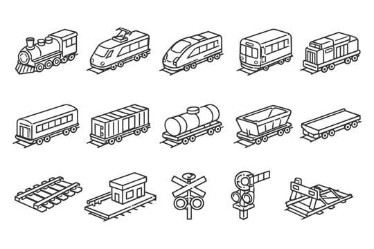 Isometric train icons set with various locomotives and railroad elements.