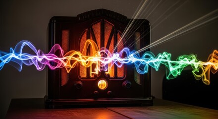 Obraz premium Antique electronic communication device emitting vibrant, multicolored sound waves across a dark surface