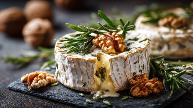 Creamy baked camembert with walnuts and fresh rosemary on slate platter.