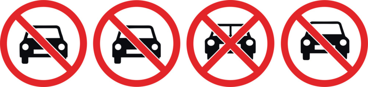 No car entry or no parking traffic sign icon set with red prohibition circle