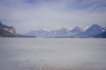 Wolfgangsee lake frozen during the winter, Salzburg, Austria