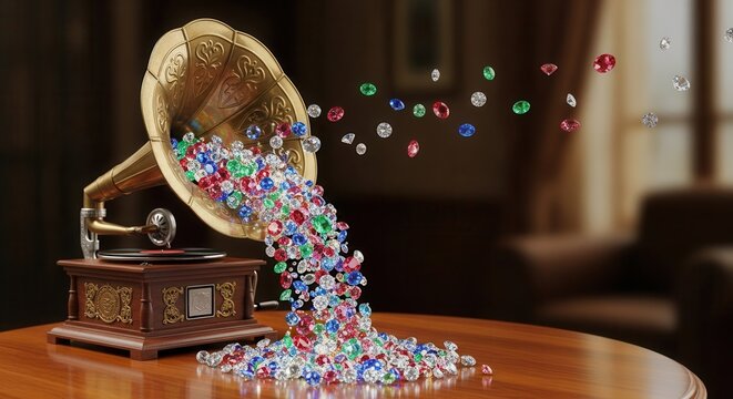 Antique phonograph horn expels a cascade of colorful precious stones onto a polished wooden surface.