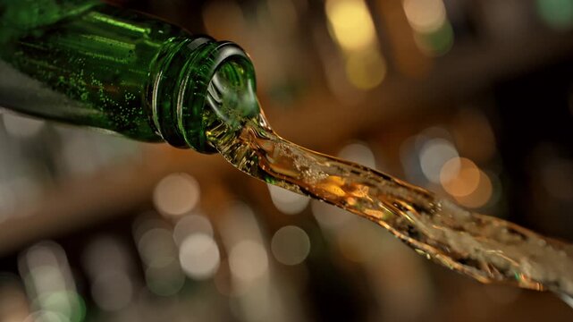 Super Slow Motion of Pouring Beer From Glass Bottle Attached to Camera at 1000fps.