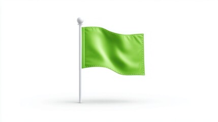 Green flag waving on a white pole against a clean, bright background