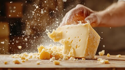A close view of a hand breaking apart a block of cheese, showcasing its delicious texture and crumbly quality, ideal for culinary enthusiasts and cheese lovers.