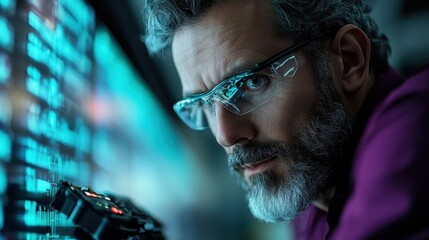 A focused man wearing glasses appears to analyze data trends on a digital display, showcasing a modern approach to technology and data interpretation in a sleek environment.