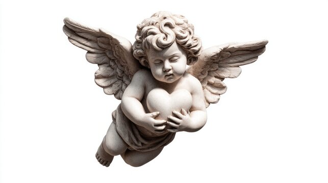 A serene cherub statue holding a heart, isolated on a white background