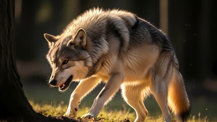 A majestic grey wolf walks through a sunlit forest, its fur glowing in the warm light of dawn or dusk.