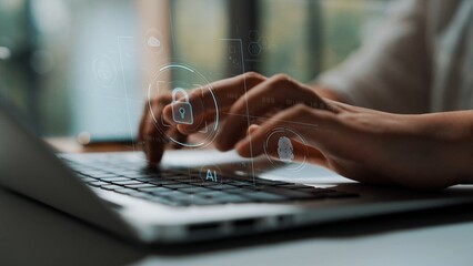 Cybersecurity system interface with biometric lock and data protection. Cybersecurity protects access, identity, cyber security prevents threats, and cyber security supports digital systems. Marrow