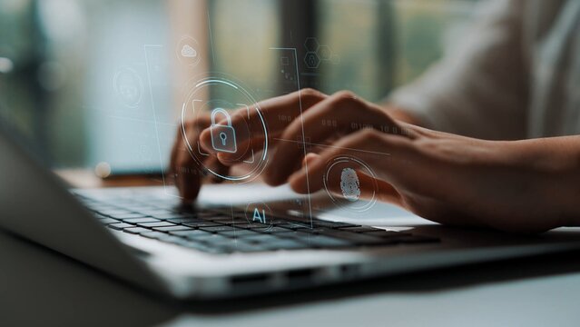 Cybersecurity system interface with biometric lock and data protection. Cybersecurity protects access, identity, cyber security prevents threats, and cyber security supports digital systems. Marrow - Powered by Adobe