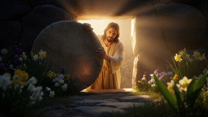 Jesus Christ is risen from tomb, illuminated by radiant golden light, embodying resurrection and new life, for Easter celebration.