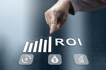 Digital interface featuring ROI metrics, a growth graph, and financial icons touched by a businessman, representing successful investment strategy and profit analysis
