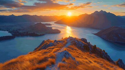 Mountain ridge sunset over lake