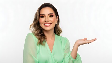 Happy young brunette woman smiling with open palm gesture extended to the side, wearing a translucent light green blouse, on a white background, ideal for presentation, invitation, or positive communi