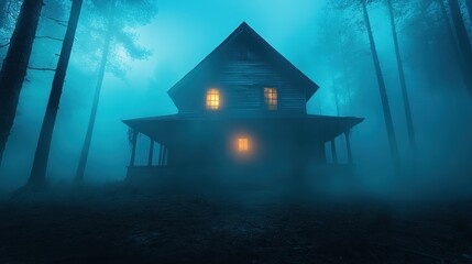 An eerie house looms in a foggy forest, its dimly lit windows glowing mysteriously against the dense fog, creating an atmosphere filled with suspense and intrigue.