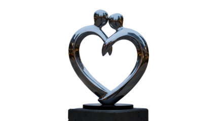 Shiny chrome metal heart sculpture of embracing figures representing love and partnership award isolated PNG with Transparent Background