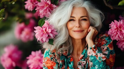 Naklejka premium A stylish older woman surrounded by vibrant blossoms, radiating confidence and beauty, showcasing the timeless charm and grace that come with age and experience.