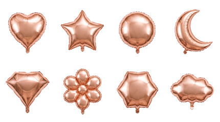Rose gold balloon set including heart, star, moon, circle, diamond, flower, and cloud shapes isolated. Party and celebration decoration collection.
