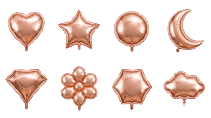 Rose gold balloon set including heart, star, moon, circle, diamond, flower, and cloud shapes isolated. Party and celebration decoration collection.
