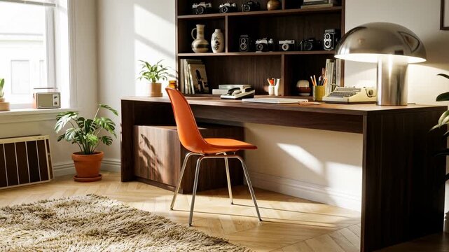 Sunlight fills a simple office space with an orange chair and plants around. The desk has items on it and creates a bright, inviting work area.